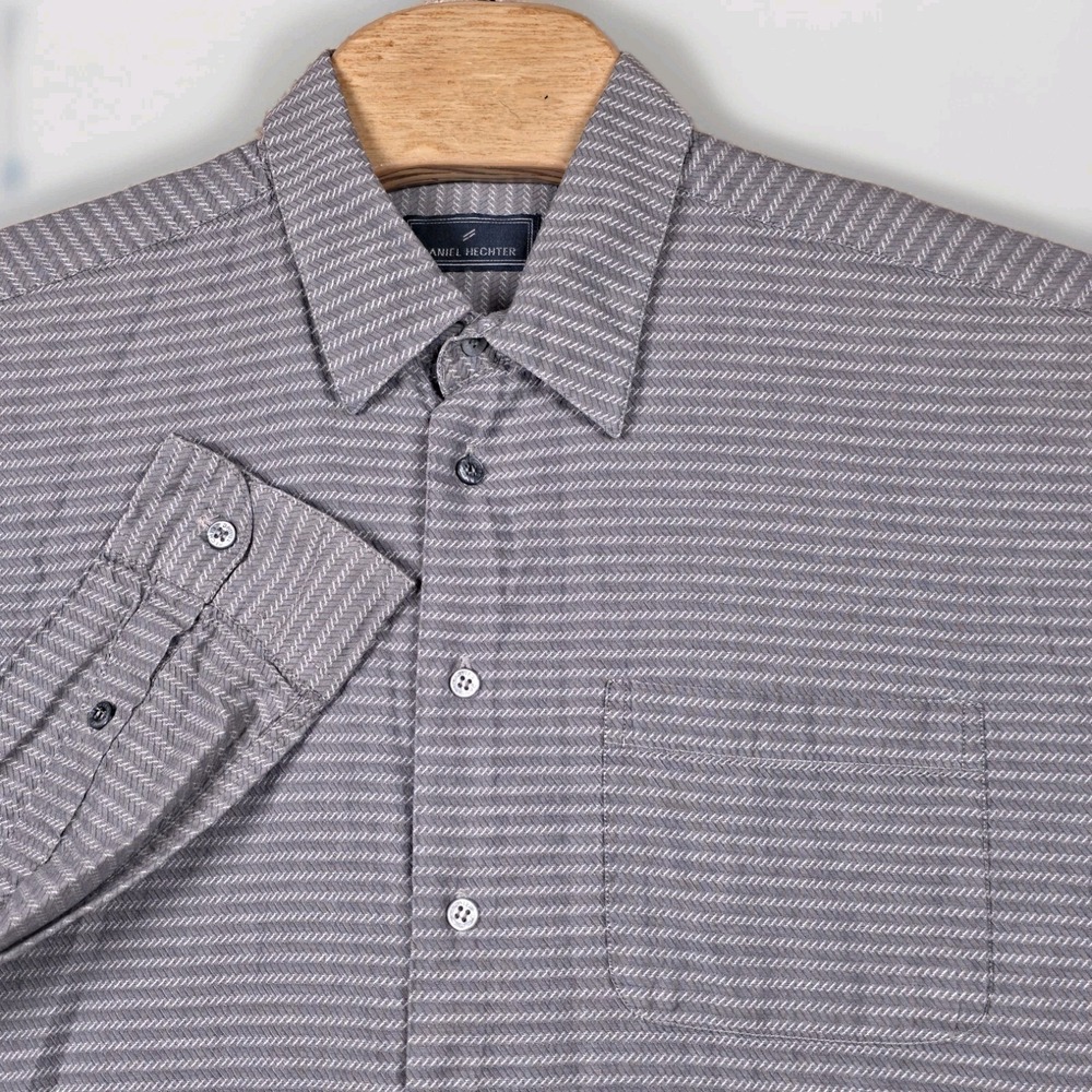 Daniel Hechter Men's XL Button Up Shirt Gray Geometric Textured 100% Cotton Prep